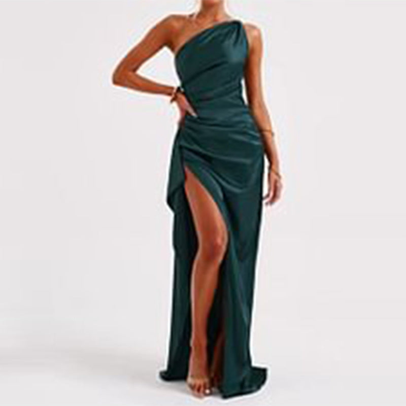 Sexy One-shoulder Backless Slit Dress Slim-fit Solid Color Satin