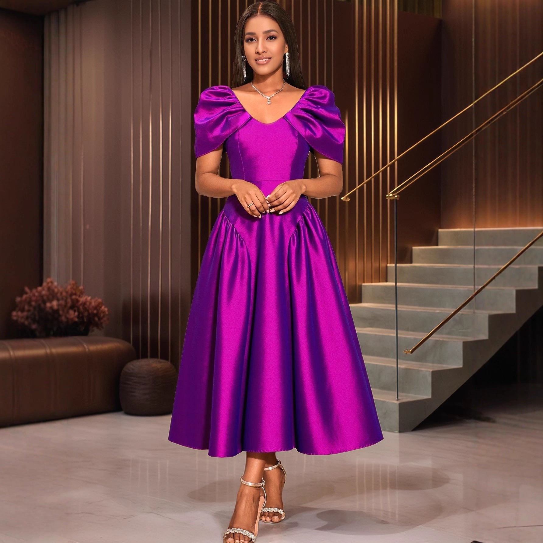 Dress Puff Sleeve Evening Dress A Hem Pleated Banquet