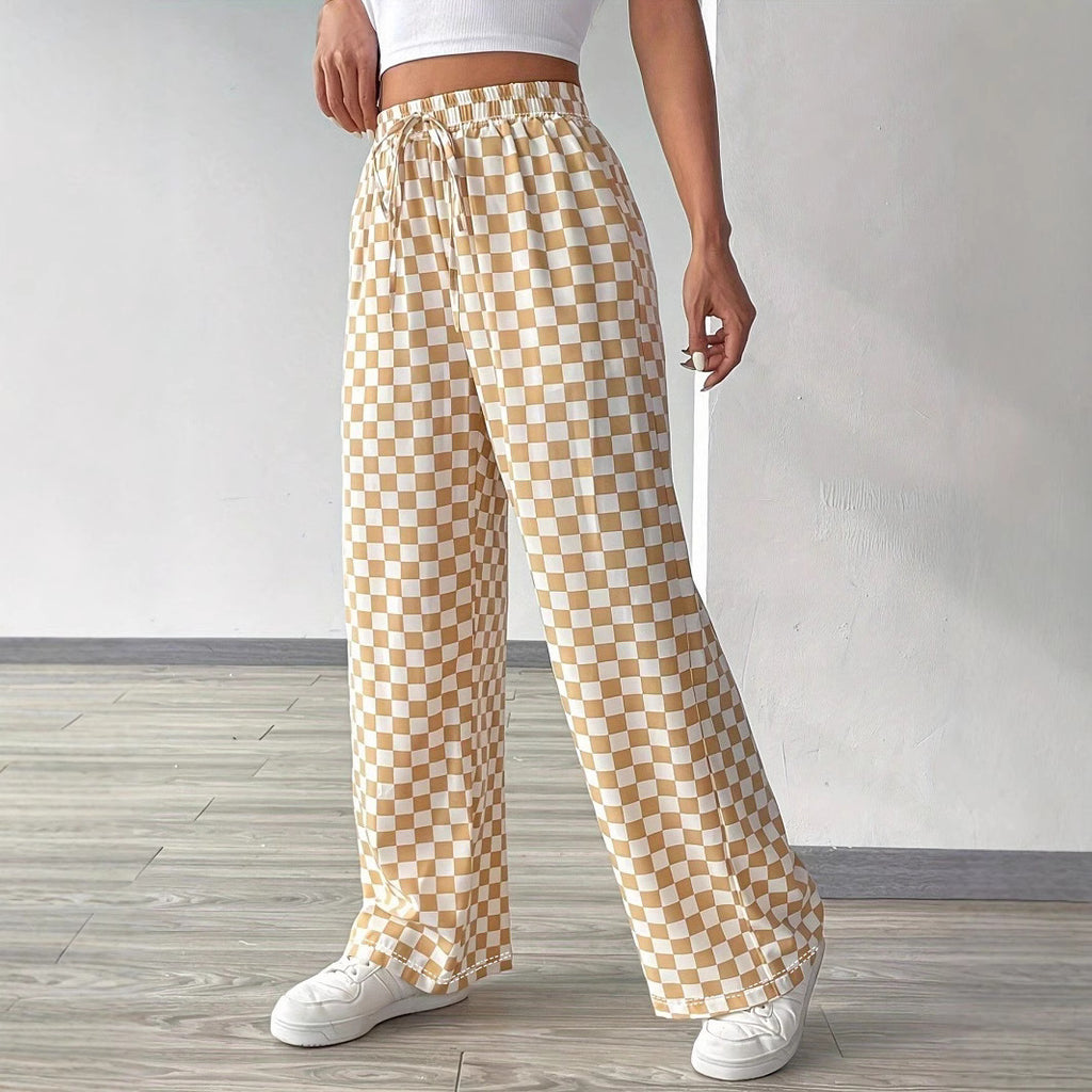 Pants Women's Casual High-waisted Checkered Straight-leg