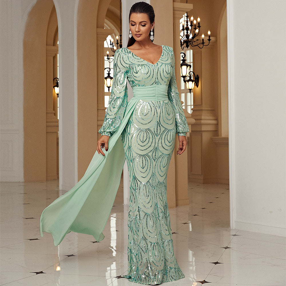 Dress Long Sequined V-neck Banquet Ribbon Evening