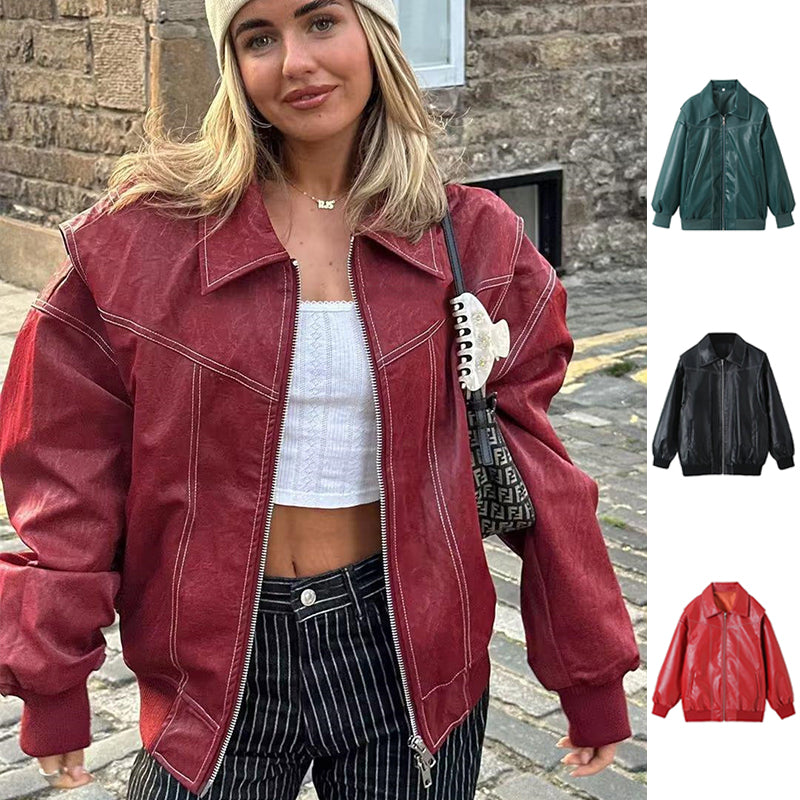 Jacket Cool Long Sleeve Zipper Closure Moto Biker Leather Jacket Womens Clothing