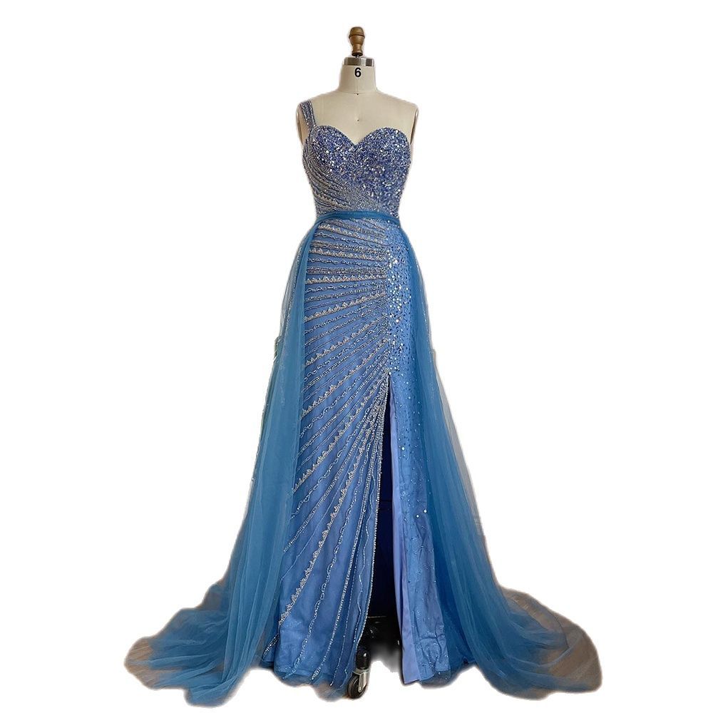 Dress Blue Handmade Beaded Split Shoulder Fishtail