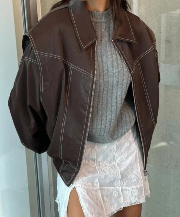 Jacket Cool Long Sleeve Zipper Closure Moto Biker Leather Jacket Womens Clothing