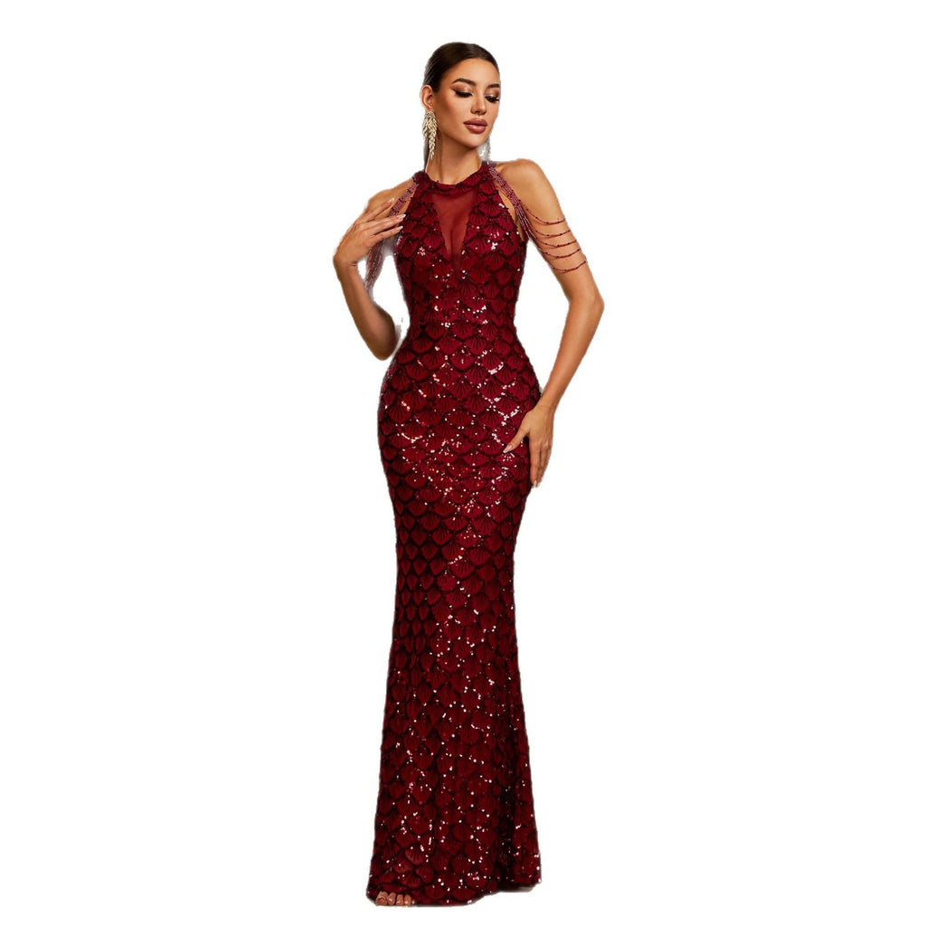 Elegant Dress Sleeveless Round Neck Sequins Slim