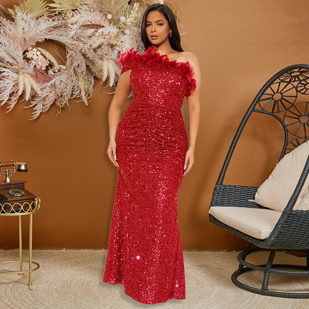 Dress Black Paillette Feather Stitching Sequin Sexy