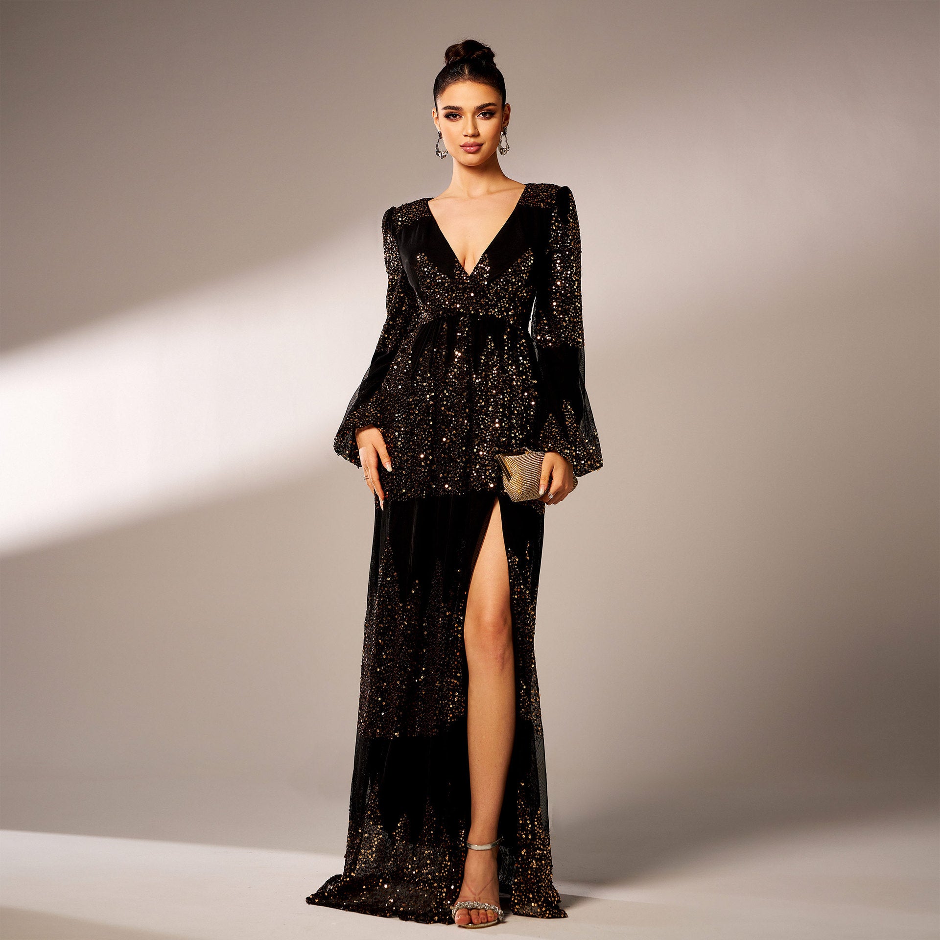 Dress Long Sleeve V-neck Sexy Long Sequined Evening