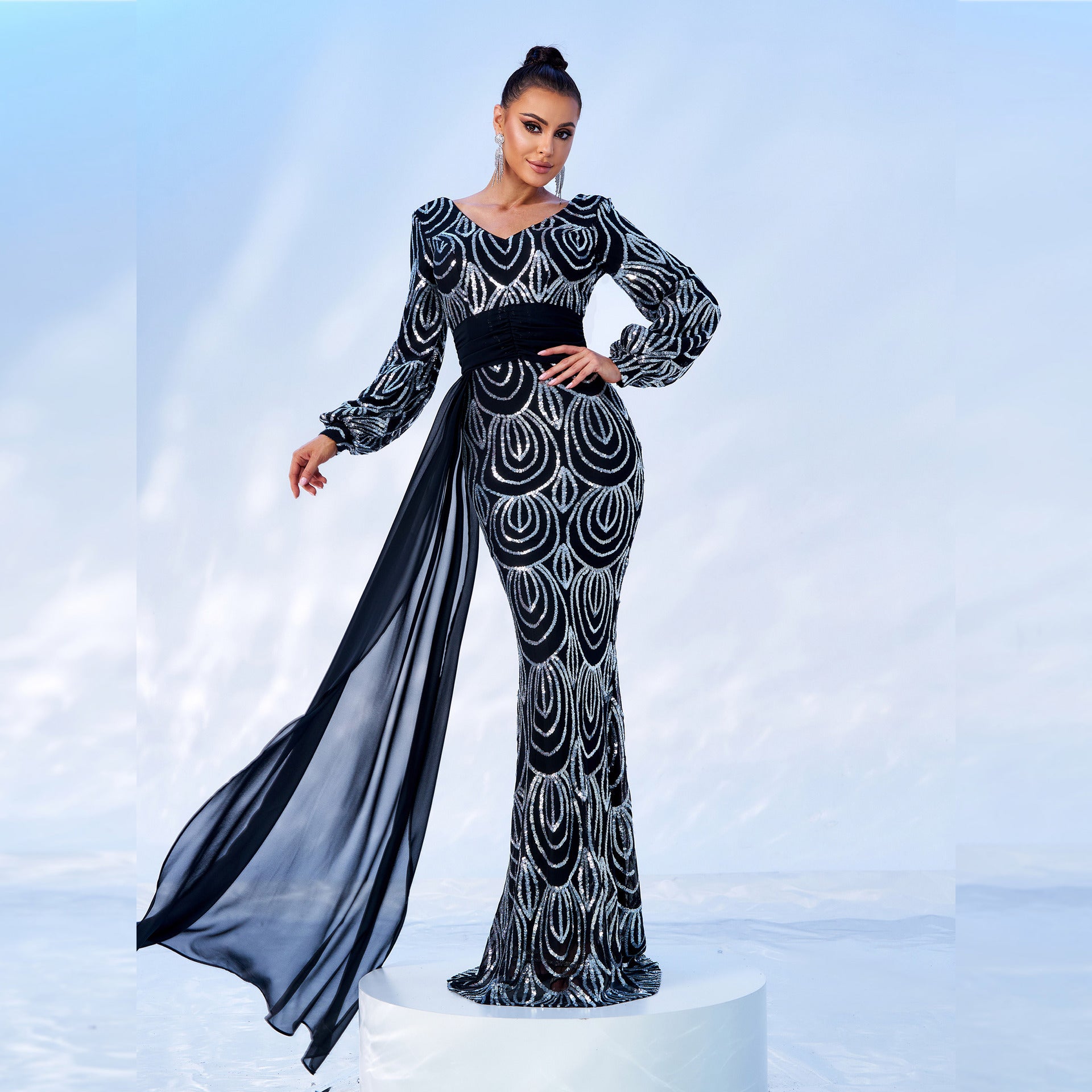 Dress Long Sequined V-neck Banquet Ribbon Evening