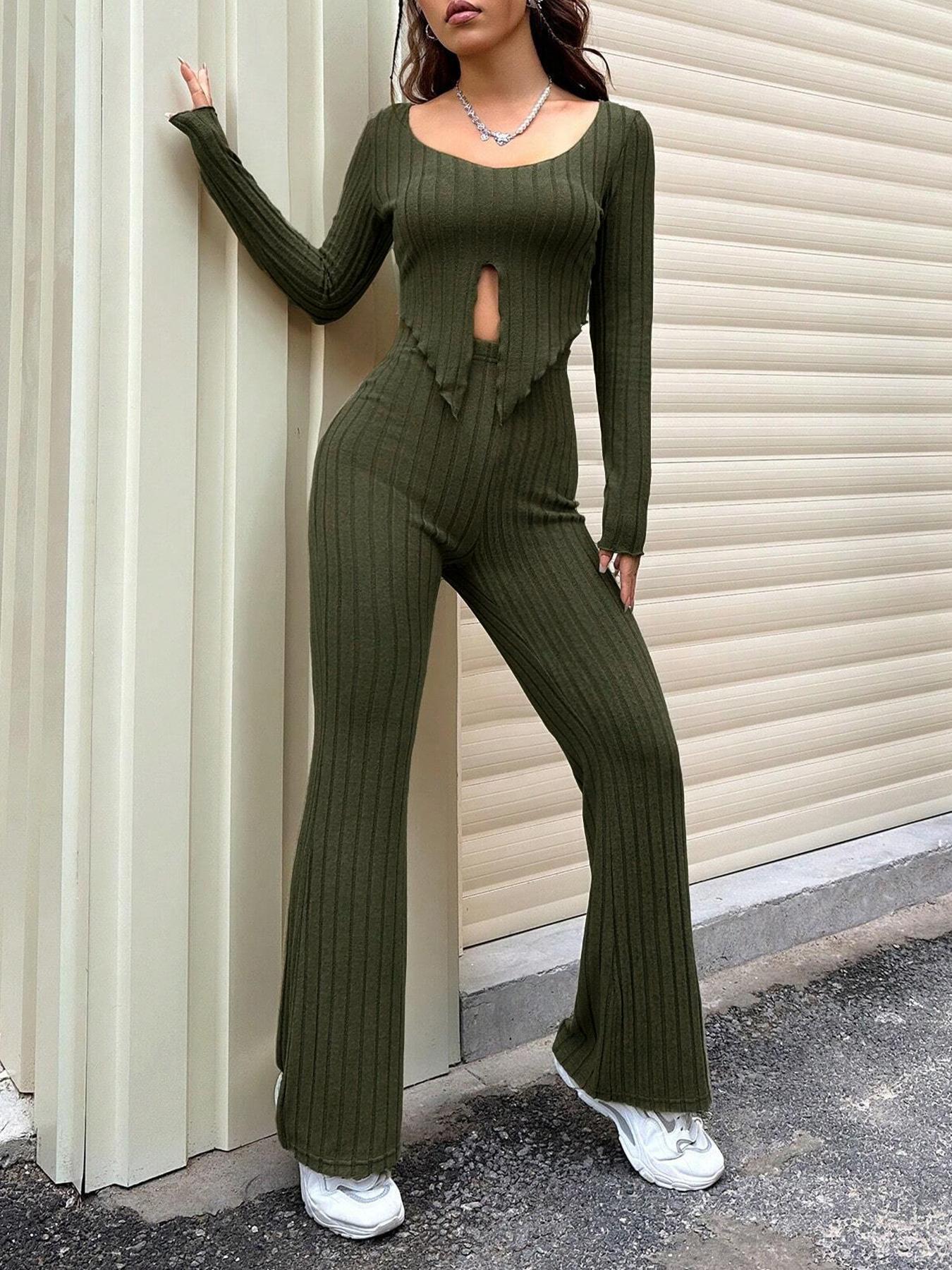 Top And High Waist Slightly Flared Pants Set
