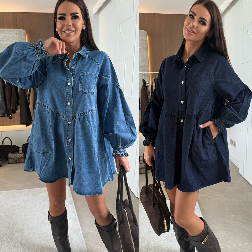 Denim Dress Casual Shirt Button Long